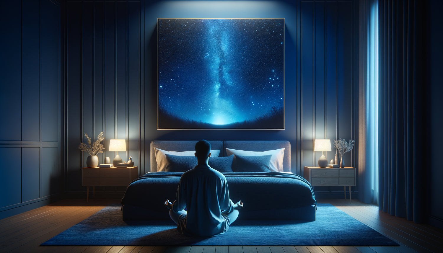 Chambre apaisante avec grand tableau de ciel étoilé au-dessus du lit, personne en contemplation méditative face à l'œuvre cosmique