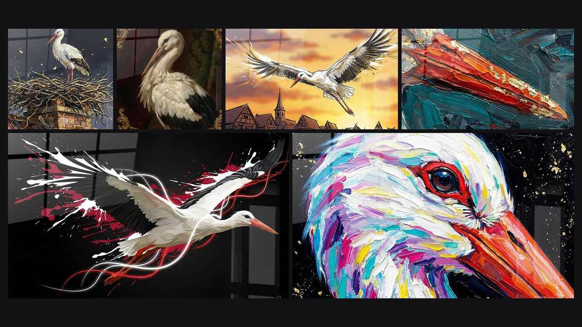 Mosaik aus sechs Gemälden, darunter Bunter Storch, Weißer Storch Majestätisch und Elsässischer Storch
