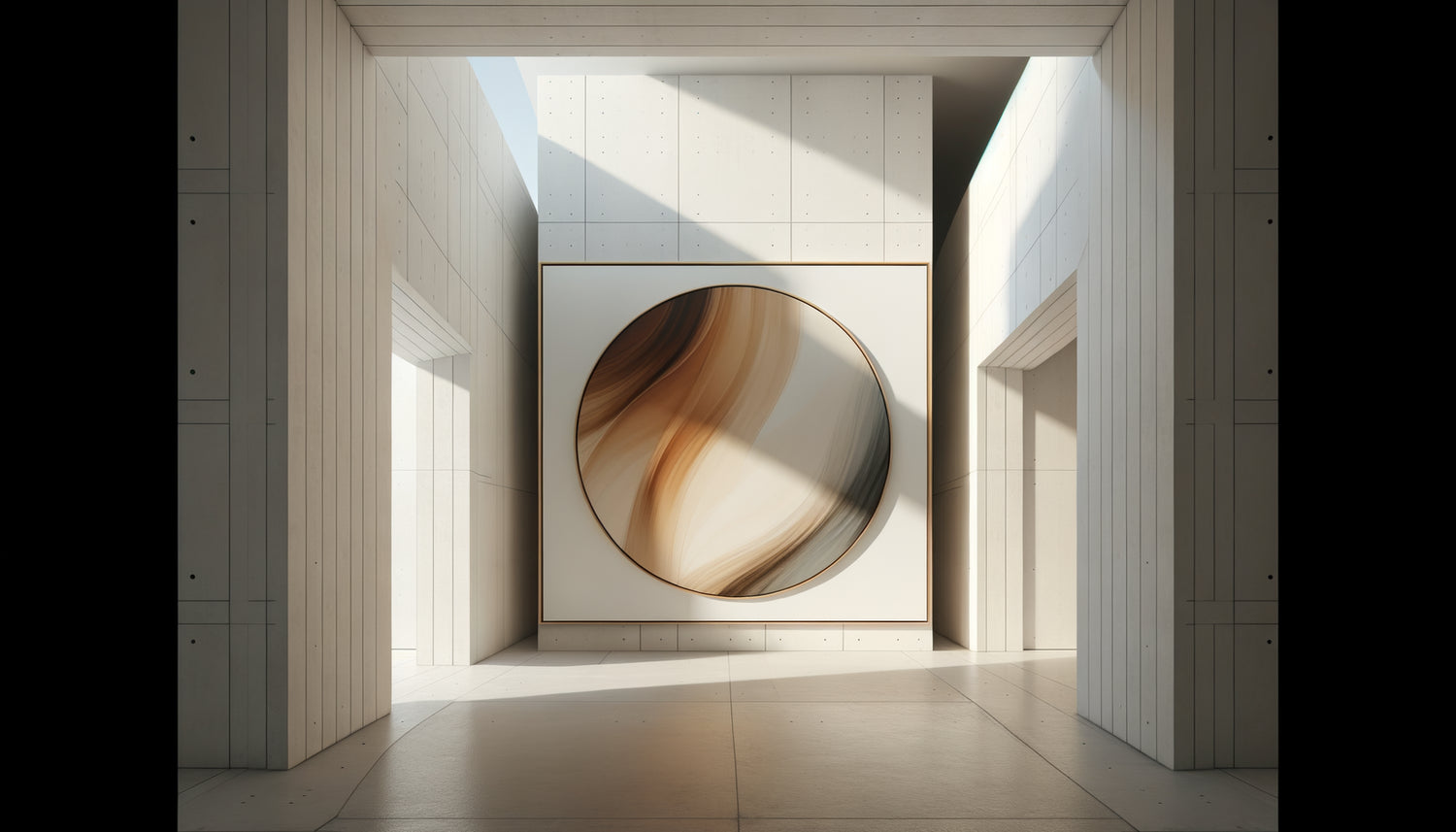 Intérieur minimaliste contemporain avec tableau circulaire contrastant architecture anguleuse et créant point de repos visuel apaisant