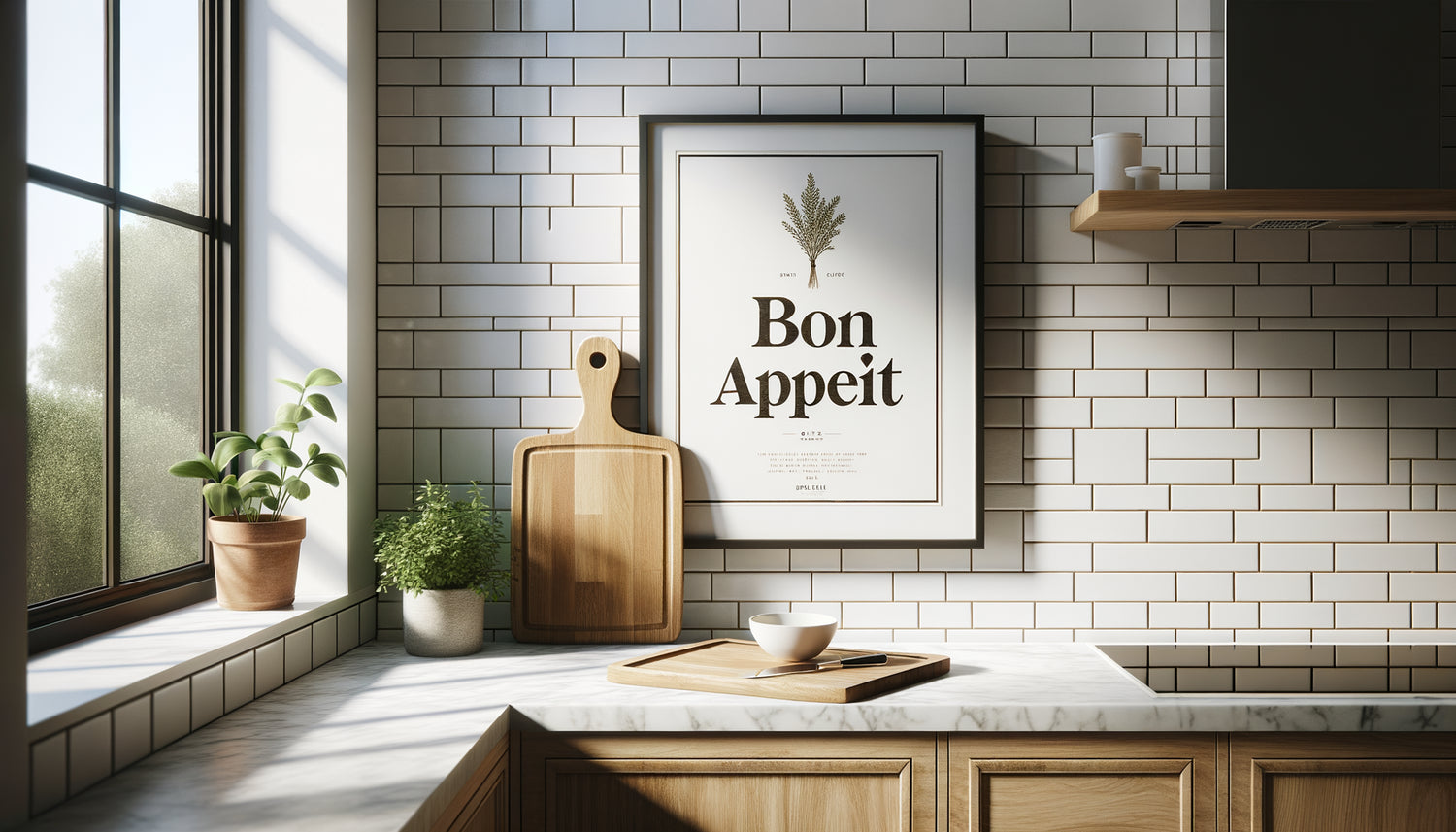 Tableau avec citation culinaire élégante dans cuisine contemporaine minimaliste et lumineuse