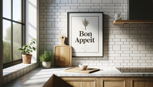 Tableau avec citation culinaire élégante dans cuisine contemporaine minimaliste et lumineuse