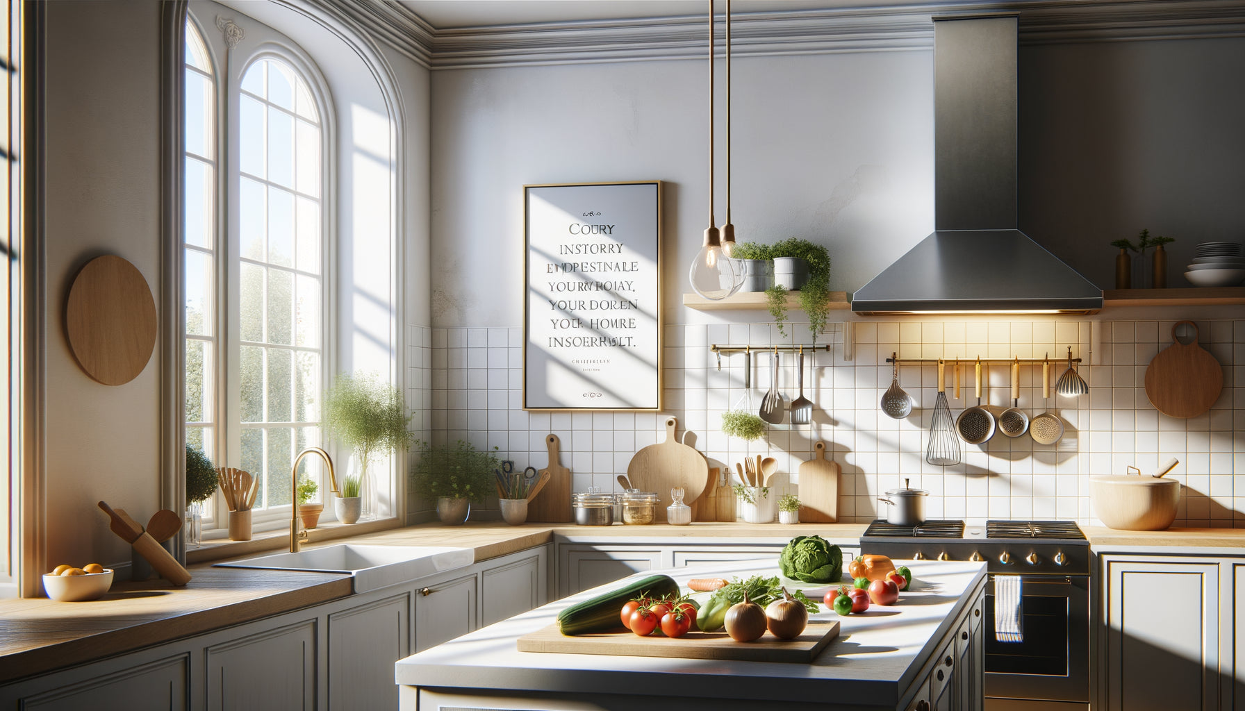 Cuisine moderne lumineuse avec tableau citation culinaire au mur et plan de travail avec légumes frais