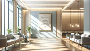 Tableau avec citation inspirante dans une salle d'attente hospitalière moderne créant une ambiance apaisante pour les patients