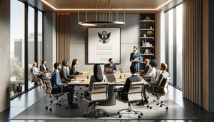 Réunion d'équipe professionnelle moderne avec tableau citation motivante visible au mur dans espace de travail contemporain