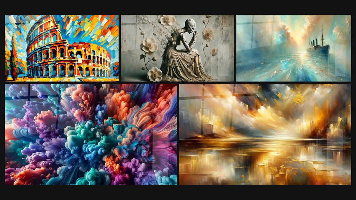 Mosaic of five paintings, including The Colors of History, Renaissance in Ruin and Secret Garden of the Depths