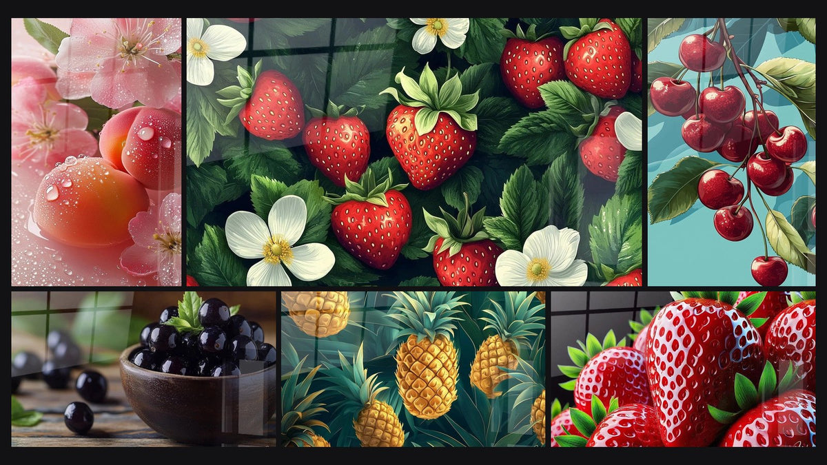 Mosaïque de six tableaux, dont Fruit N°4, Fraise N°2 et Cerise N°1