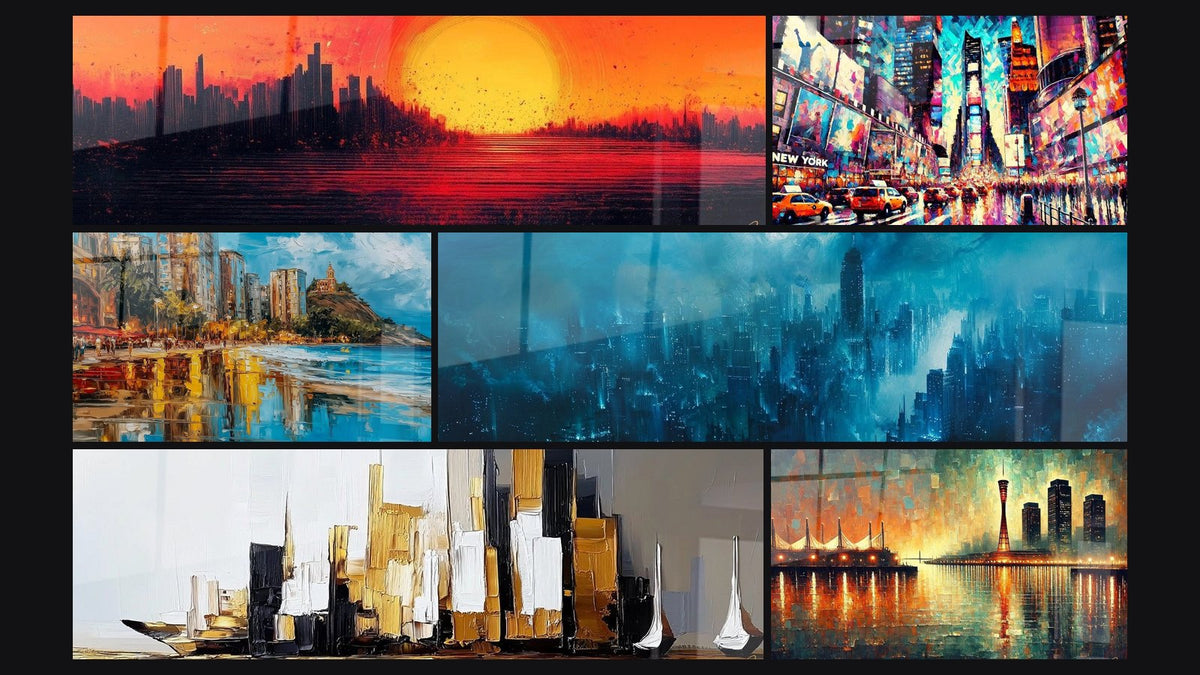 Mosaico di sei quadri, tra cui Città fiamme dell'orizzonte, Città costiera con riflessi e Ville moderna astratta