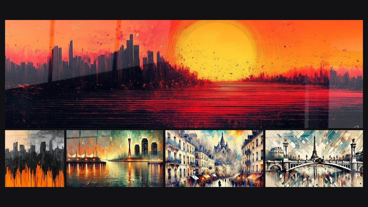 Mozaïek van vijf schilderijen, waaronder Stadsvlammen aan de horizon, Wild Lights Cityscape en Montmartre Nr. 3