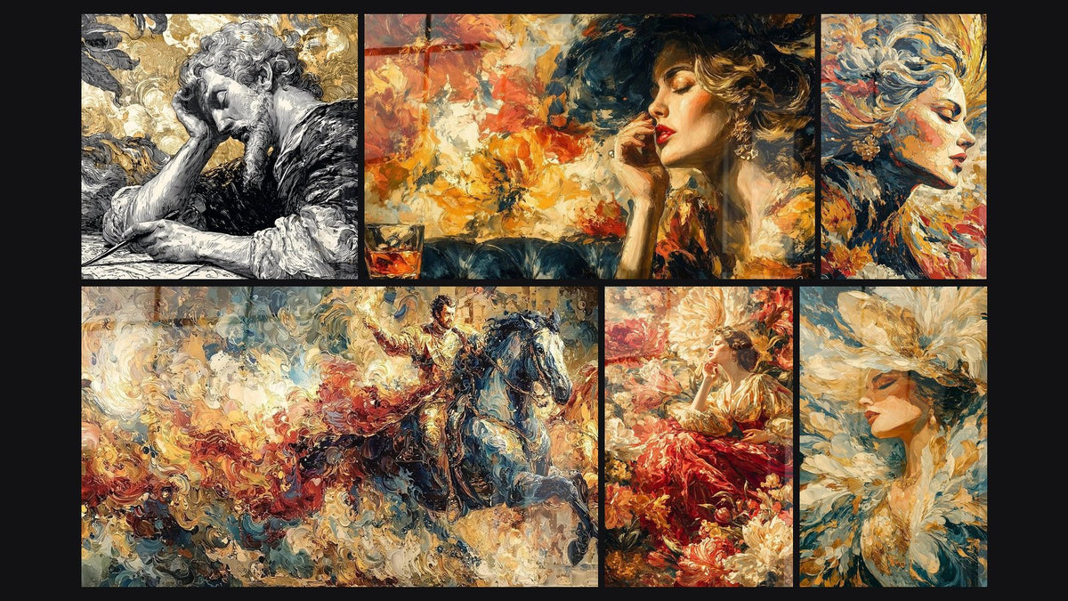 Mosaïque de six tableaux, dont Ange Clair Obscur, Femme Lèvres Écarlates et Cavalier Conquête Flamboyante