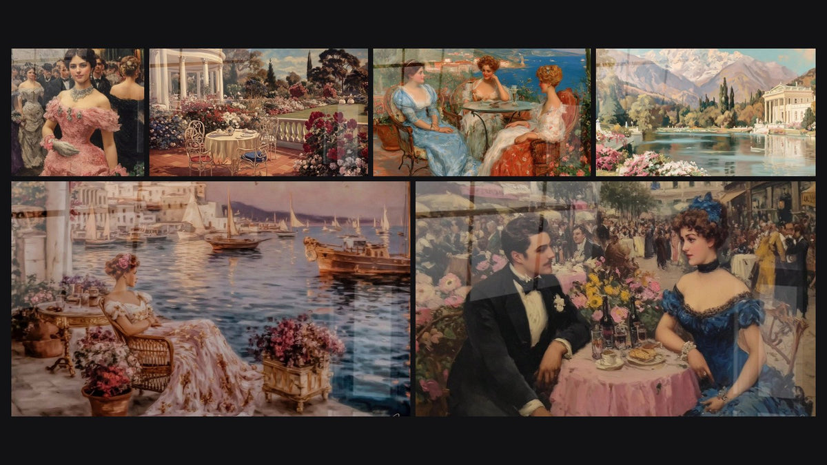 Mosaico di sei quadri, tra cui Donna Splendore Mondano, Da giardino Pace Aristocratica e Donna Terrazza Tonalità Polverose