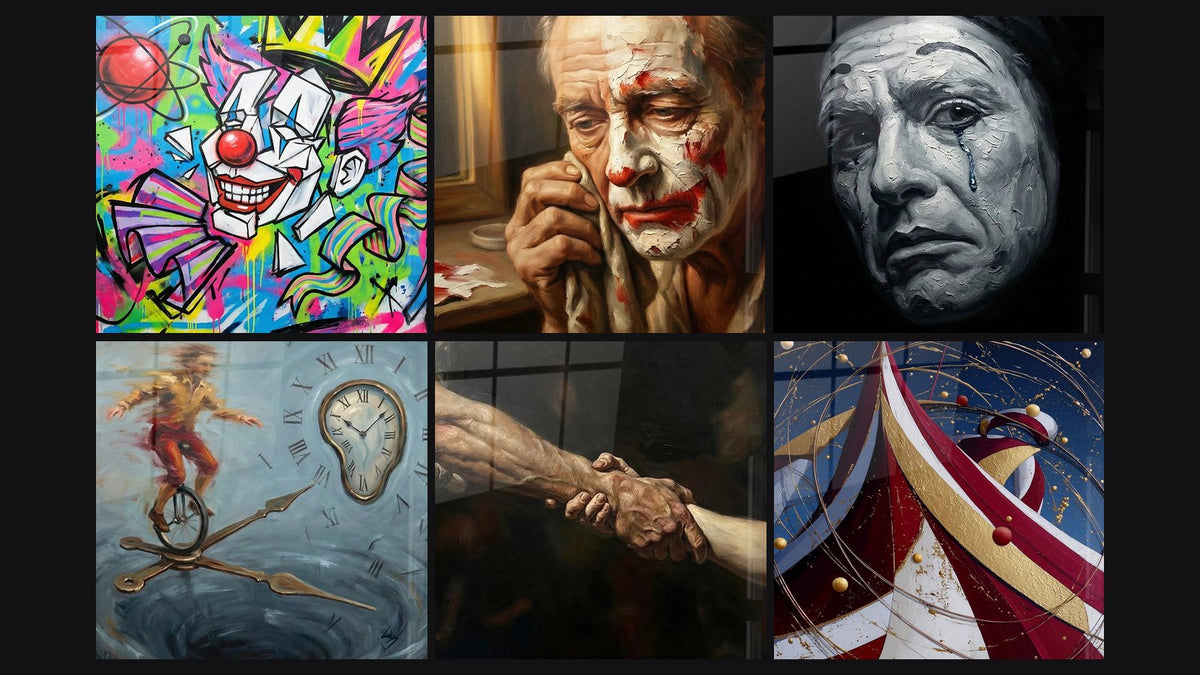 Mosaïque de six tableaux, dont Clown Graffiti, Clown Mélancolique et Clown Triste