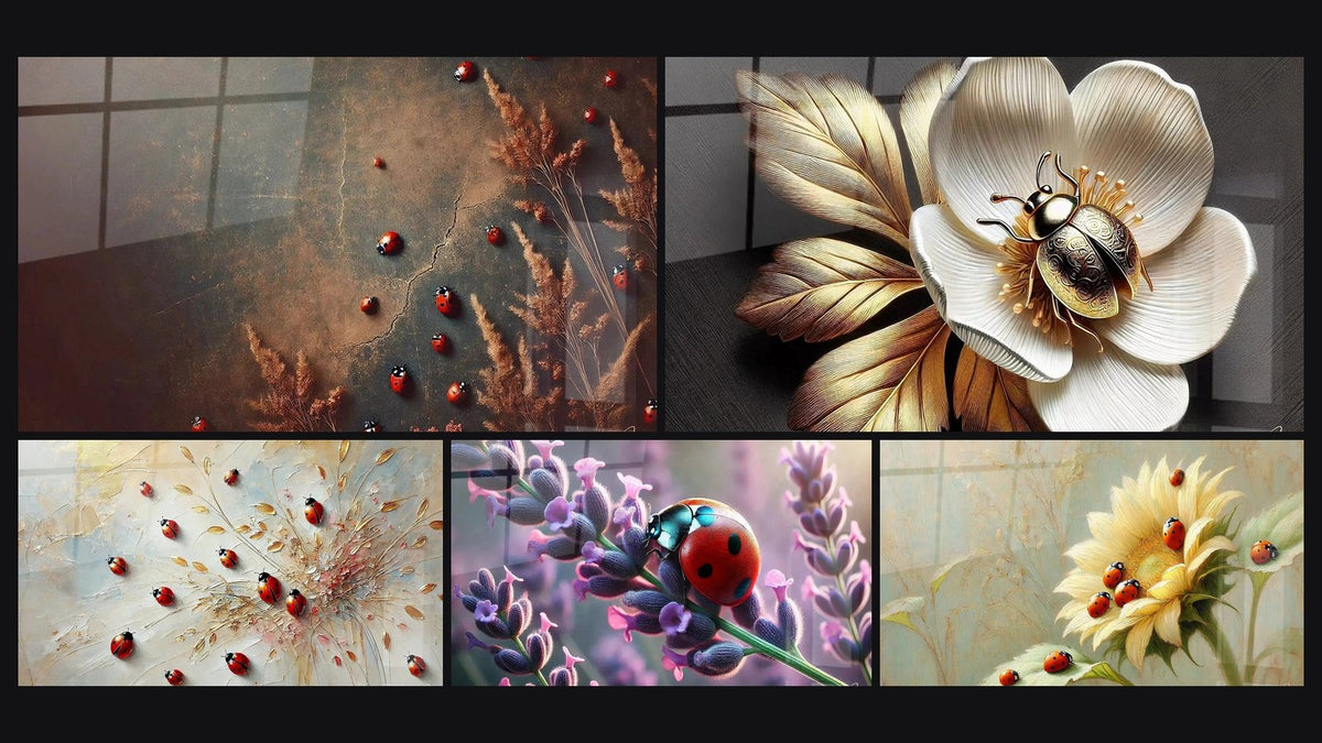 Mosaïque de cinq tableaux, dont Sur la Trace du Temps, Réveil Printanier et Petit Trésor
