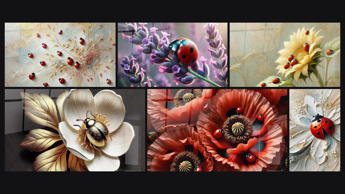 Mosaïque de six tableaux, dont Réveil Printanier, Petit Trésor et Parfum Violet