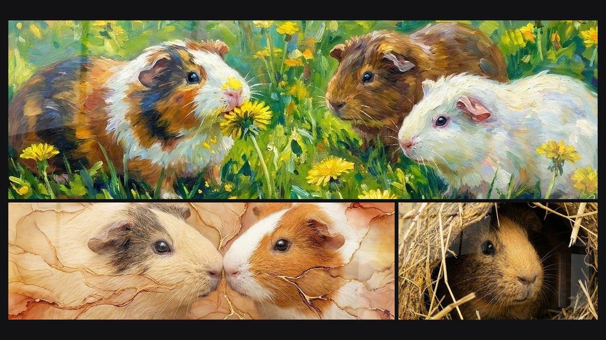 Mosaïque de trois tableaux, dont Duo de Cochons d'Inde sur Fond Marbré Doré