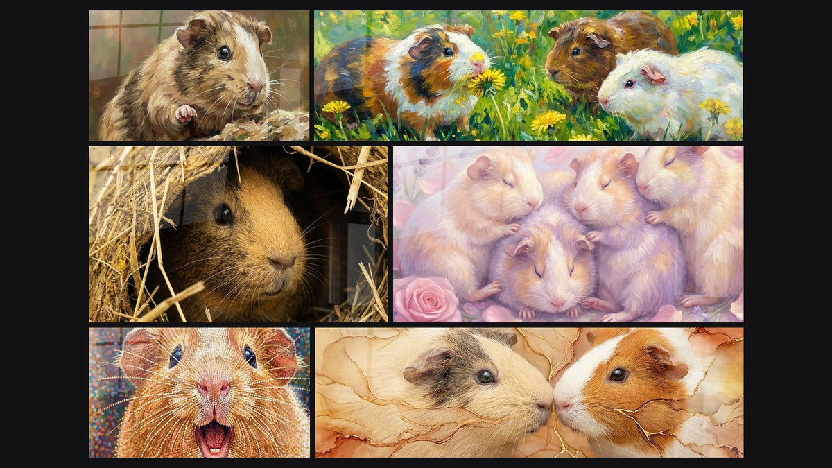 Mosaïque de six tableaux, dont Duo de Cochons d'Inde sur Fond Marbré Doré
