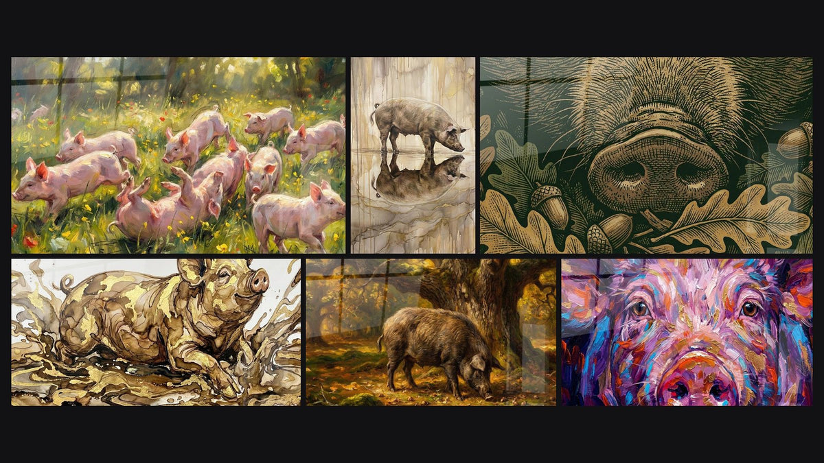 Mosaïque de six tableaux, dont Cochon Éclaboussures Dorées et Brunes