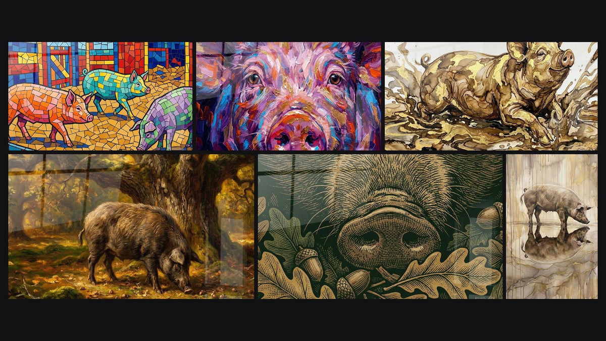 Mosaïque de six tableaux, dont Cochon Éclaboussures Dorées et Brunes
