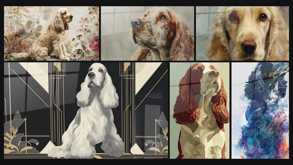 Mosaico di sei quadri, tra cui Cocker Spaniel Bianco Art Déco Geometrico