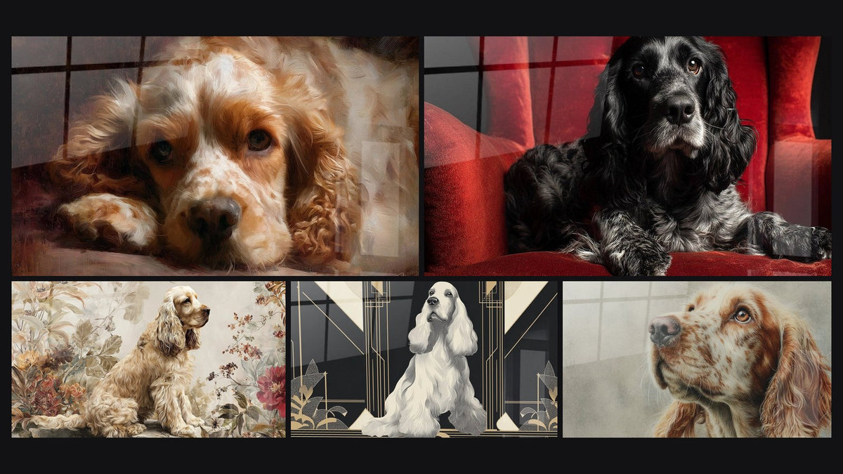 Mosaïque de cinq tableaux, dont Cocker aux Yeux Tendres Allongé au Sol et Chien Noir et Gris sur Fauteuil Rouge
