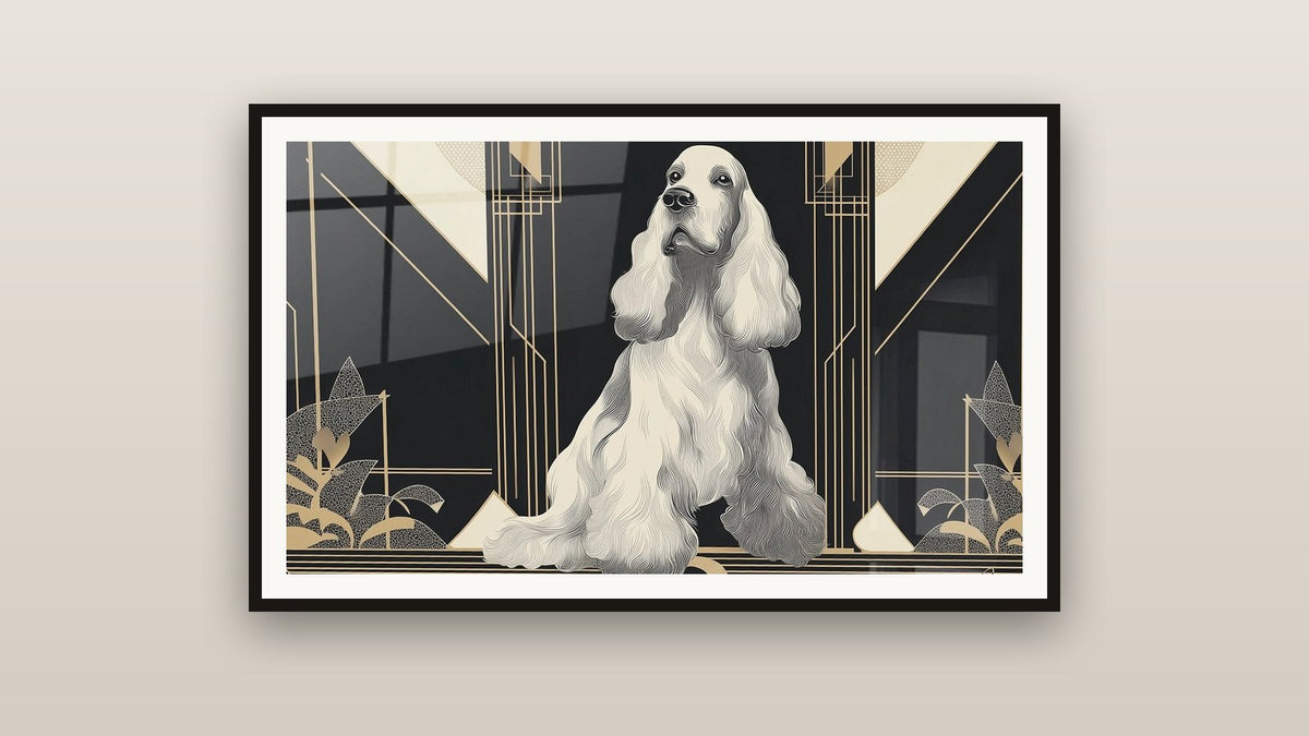 Tableau encadré sur un mur : Cocker Spaniel Blanc Art Déco Géométrique