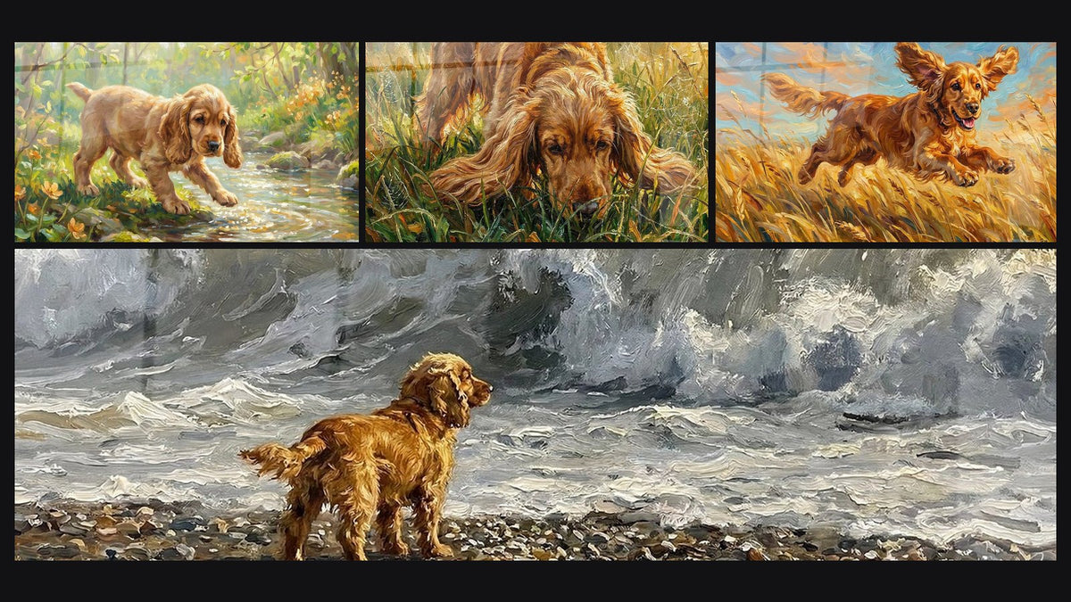 Mosaïque de quatre tableaux, dont Chiot Cocker Doré au Bord du Ruisseau et Cocker Anglais Roux dans les Herbes Hautes