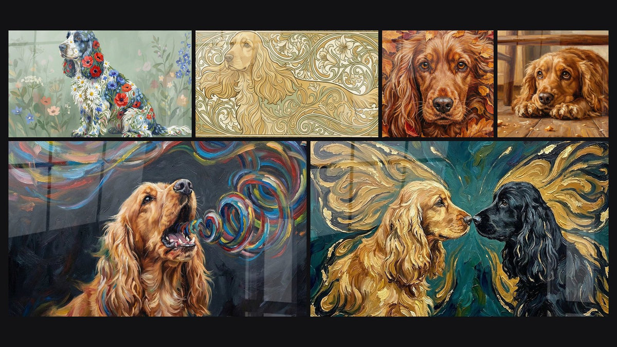Mosaïque de six tableaux, dont Chien Doré aux Volutes Colorées et Cocker Allongé aux Tons Dorés