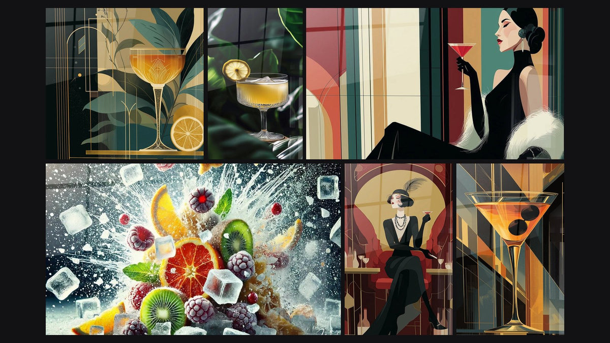 Mosaïque de six tableaux, dont Cocktail Art Déco, Cocktail Glacial et Cocktail N°2