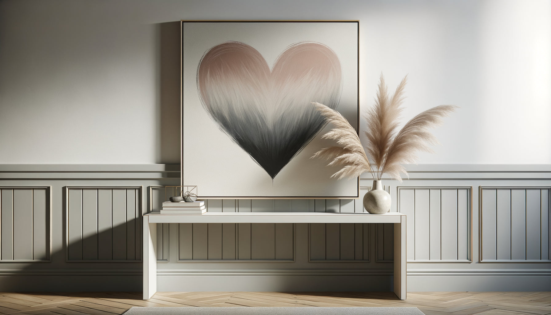 Tableau contemporain minimaliste avec cœur élégant en tons rose poudré et gris, décoration Saint-Valentin raffinée et anti-cliché