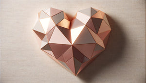 Tableau contemporain avec cœur géométrique facetté en tons rose gold, fusion design minimaliste et symbolisme romantique