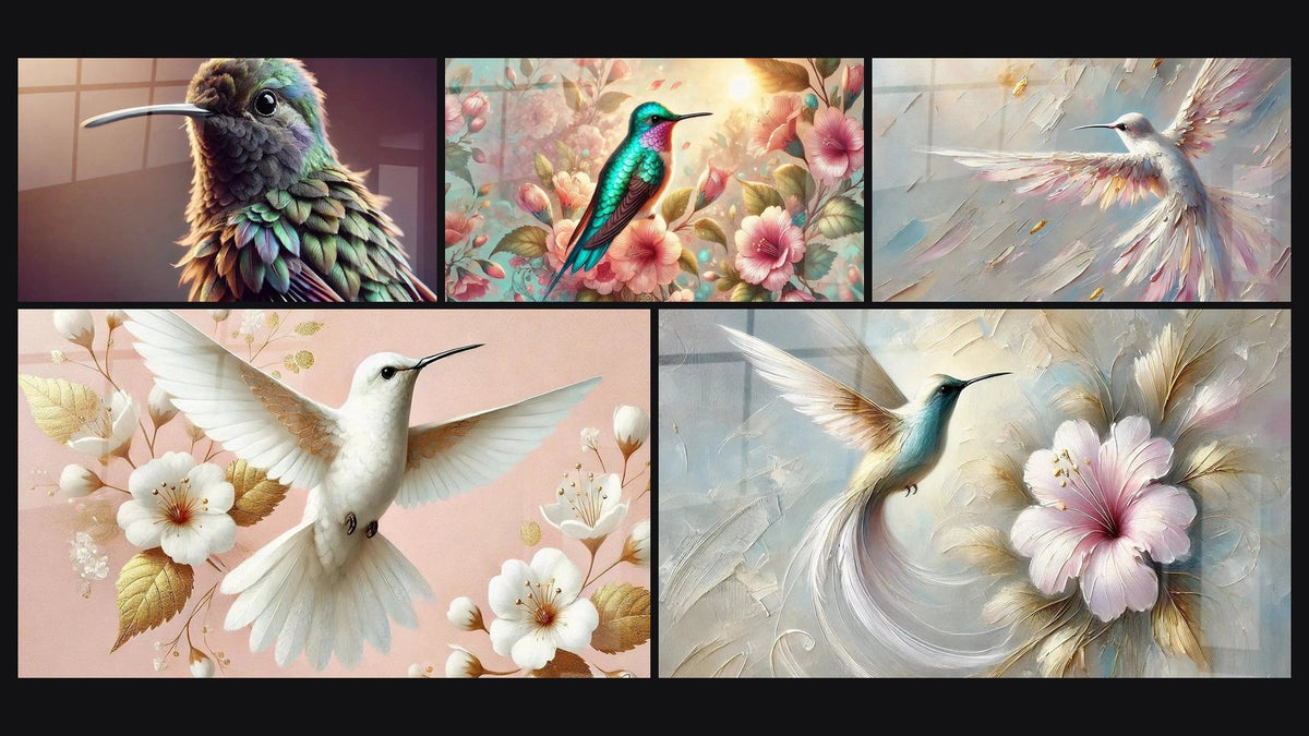 Mosaïque de cinq tableaux, dont Plume et Douceur, L'Âme des Fleurs et Grâce Aérienne