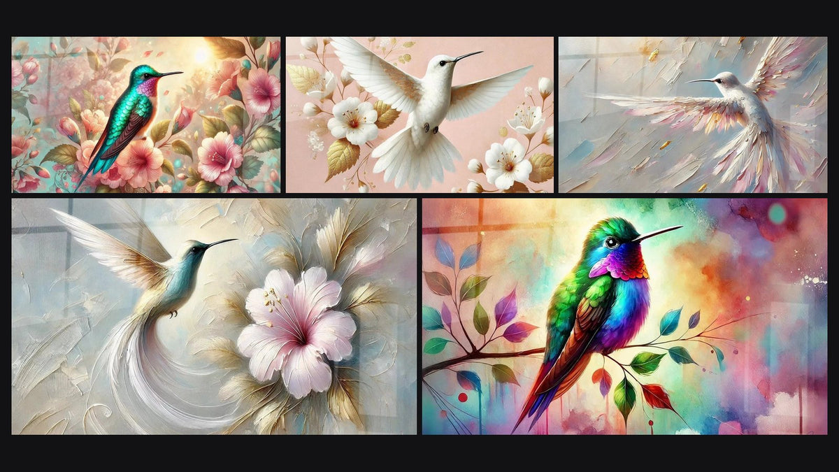 Mosaïque de cinq tableaux, dont L'Âme des Fleurs, Grâce Aérienne et Fleur et Plume