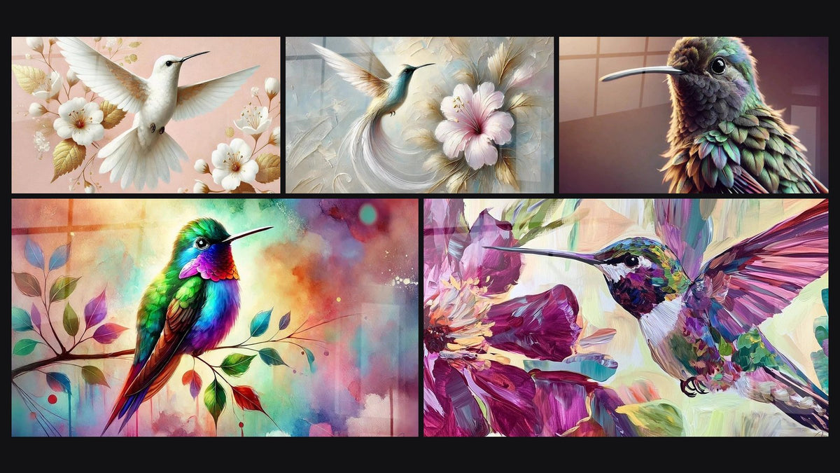 Mosaïque de cinq tableaux, dont Grâce Aérienne, Fleur et Plume et Art de la Nature