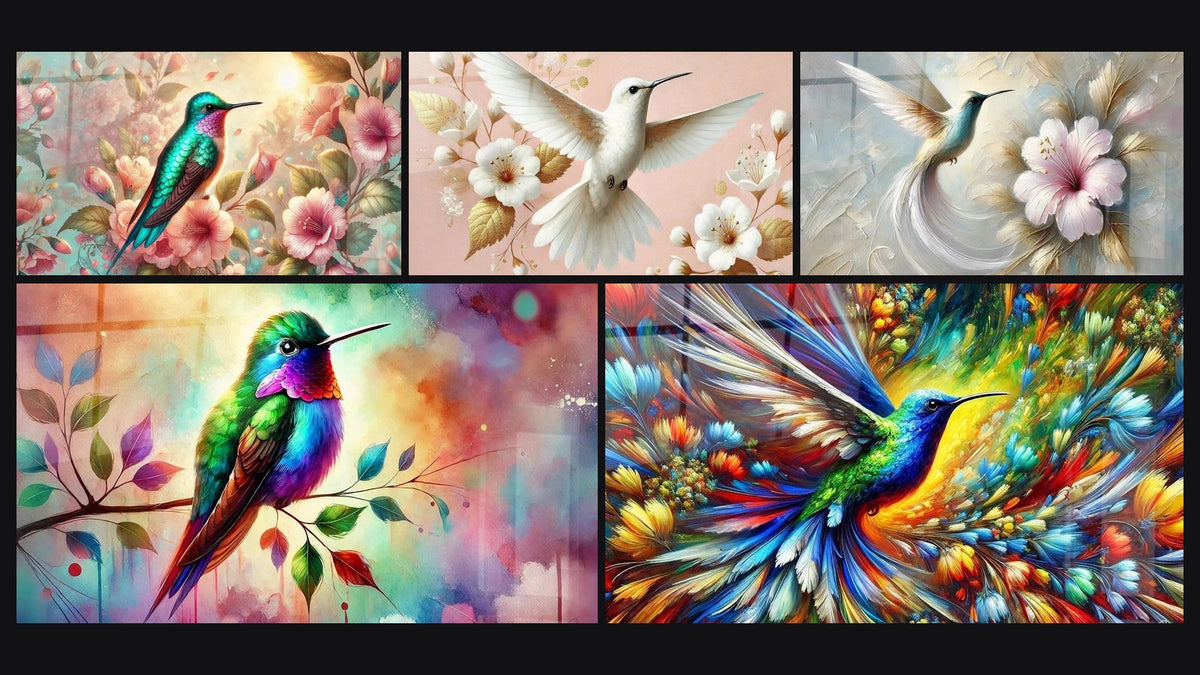 Mosaïque de cinq tableaux, dont L'Âme des Fleurs, Grâce Aérienne et Fleur et Plume