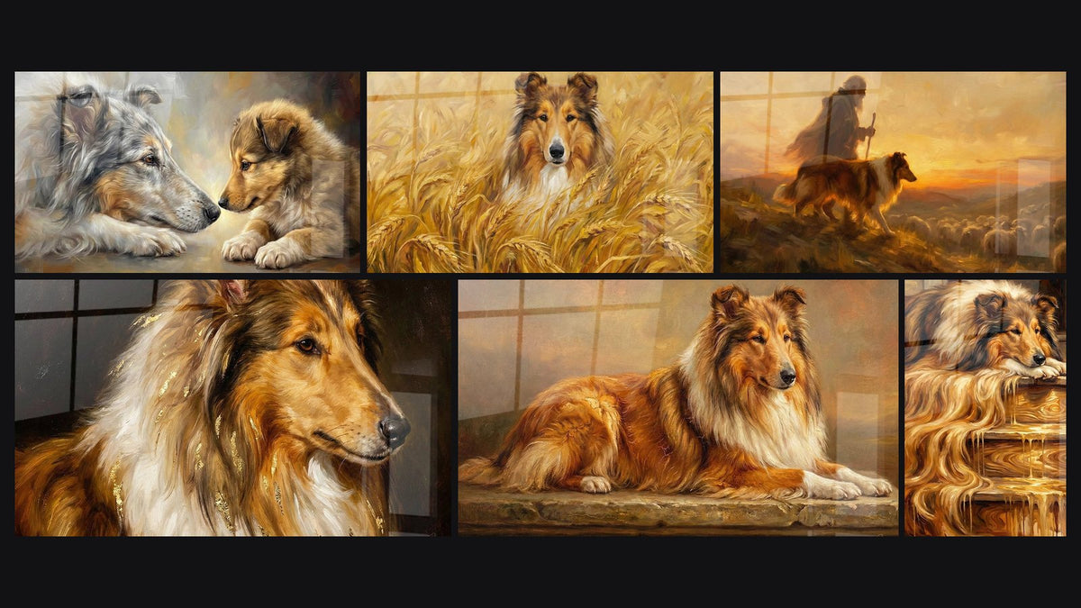 Mosaïque de six tableaux, dont Collie et son Chiot dans une Lumière Dorée et Collie Roux dans les Blés Dorés