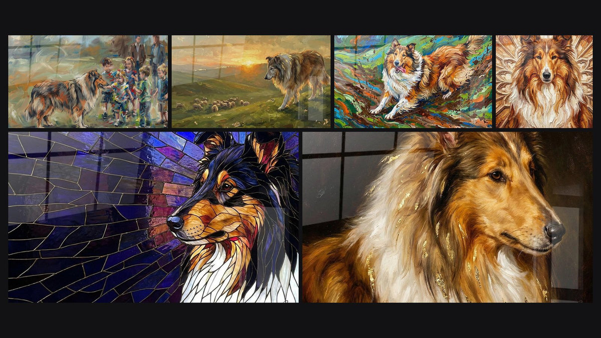 Mosaïque de six tableaux, dont Collie et Enfants dans un Parc et Chien Tricolore Mosaïque Vitrail
