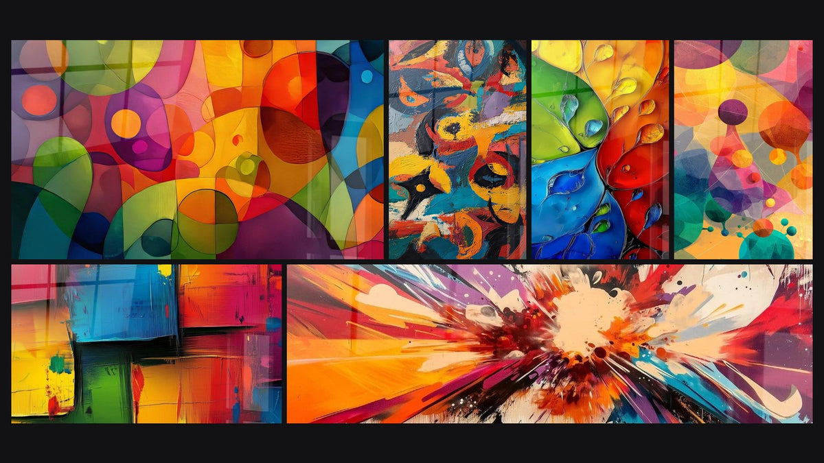 Mosaïque de six tableaux, dont Cercles colorés transparents, Composition géométrique colorée et Composition abstraite colorée