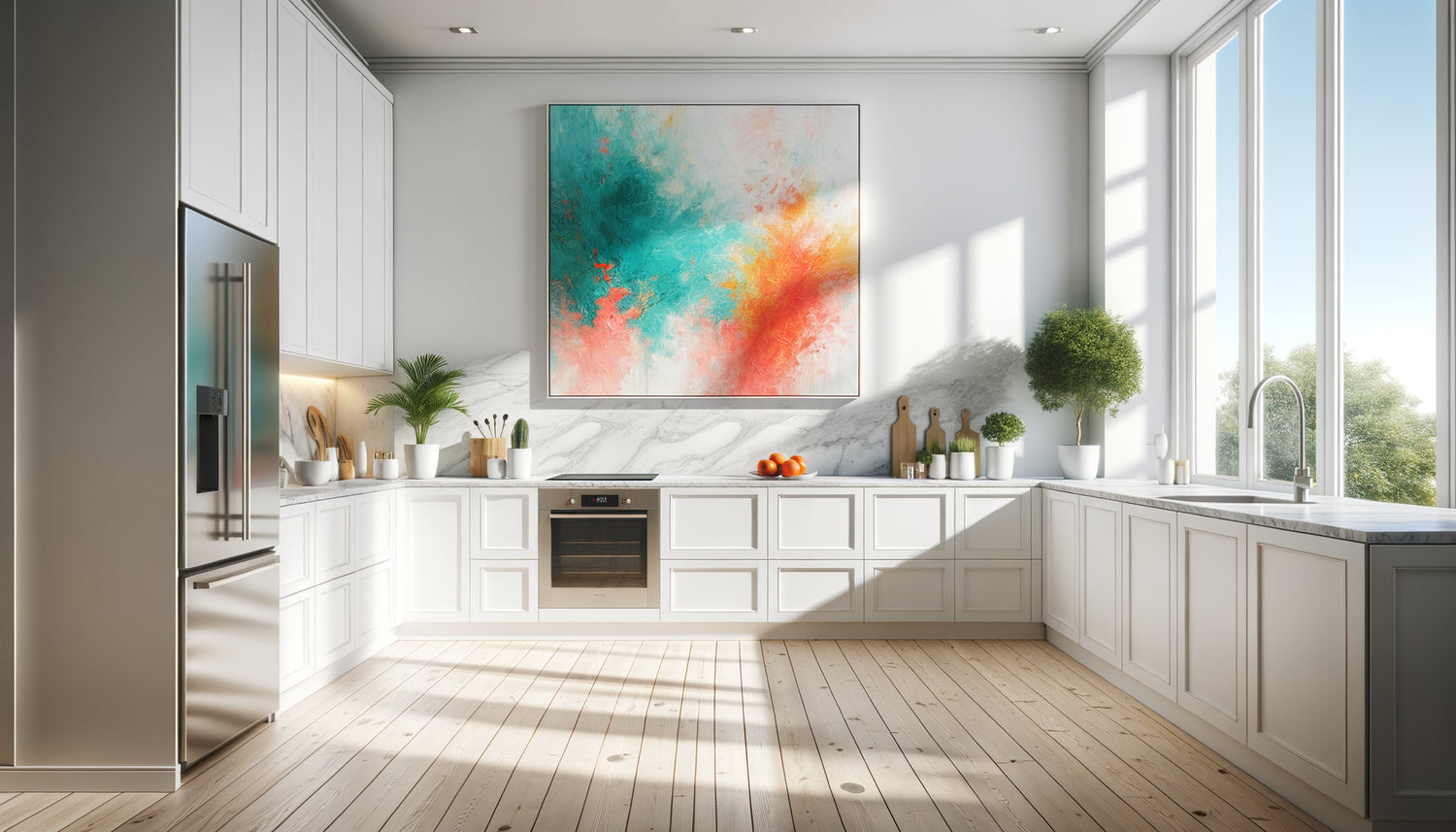 Cuisine scandinave blanche minimaliste avec tableau abstrait coloré comme point focal sur le mur