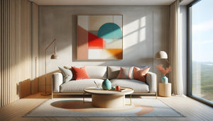 Salon minimaliste neutre avec tableau coloré vibrant comme point focal, démonstration d'harmonie chromatique équilibrée