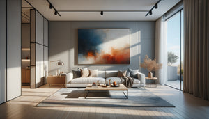 Salon contemporain aux tons neutres rehaussé par un tableau abstrait coloré créant un point focal dynamique