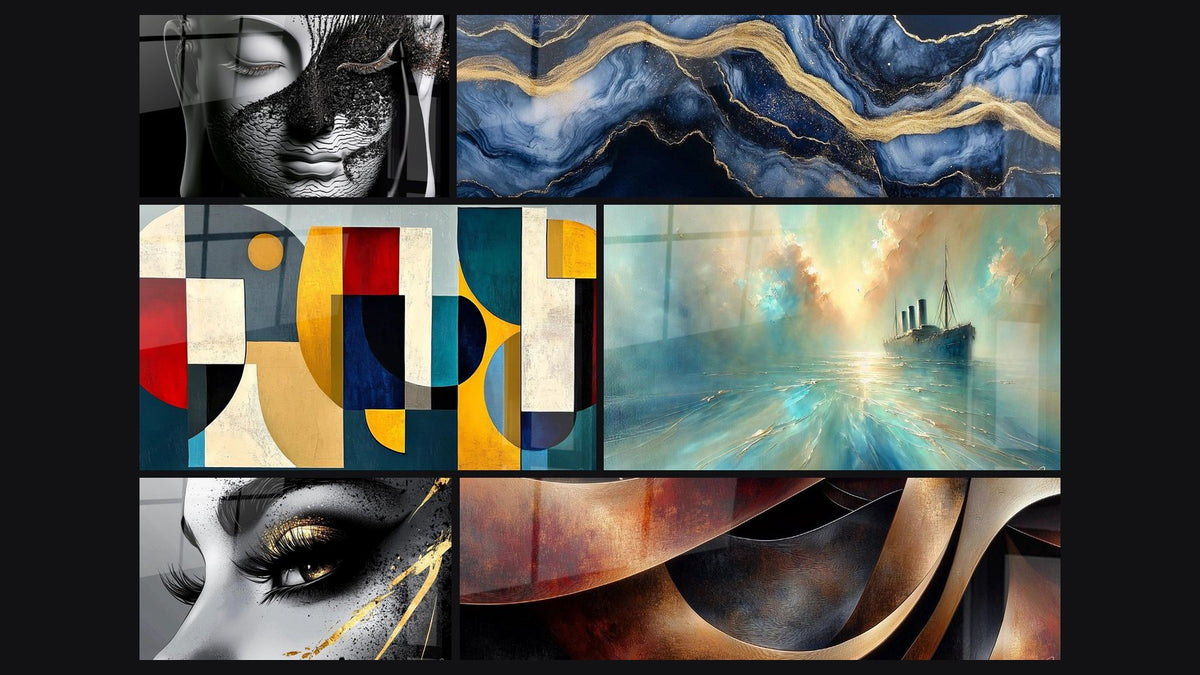 Mosaïque de six tableaux, dont Visage noir et blanc aux vagues gravées, Formes géométriques colorées et Œil larme d'or
