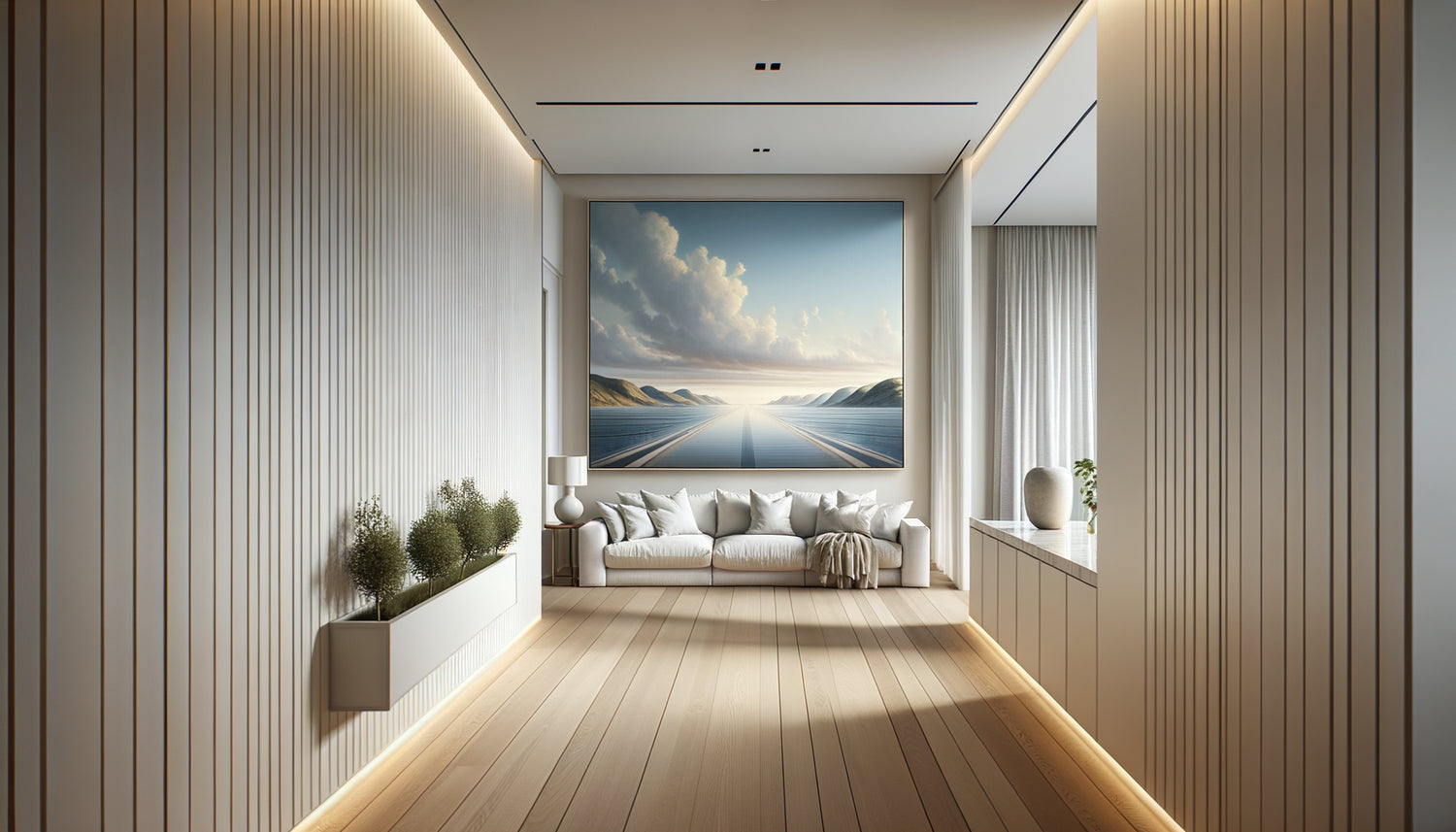 Couloir étroit moderne avec tableau horizontal panoramique créant une illusion d'élargissement visuel par composition latérale