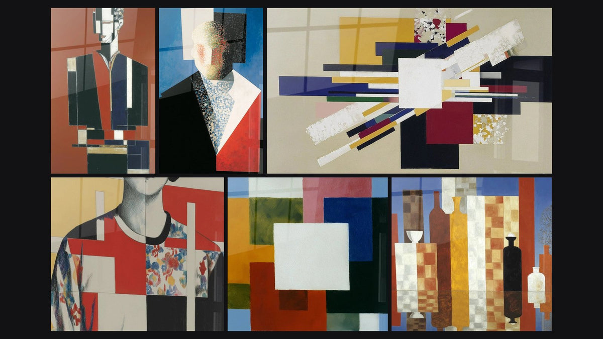 Mosaïque de six tableaux, dont Portrait Révolution Géométrique et Portrait Architecture Humaine