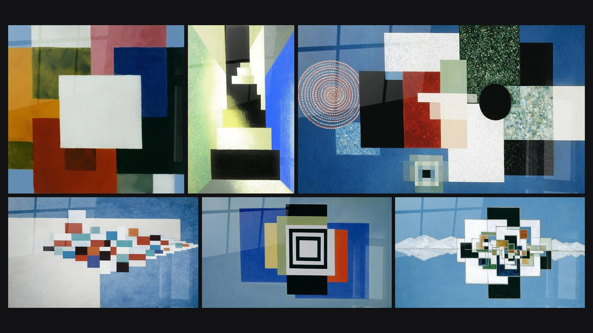 Mosaïque de six tableaux, dont Géométrique Fonction Première et Géométrie Fragments Dynamiques