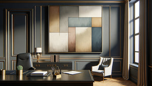 Tableau abstrait contemporain aux tons apaisés dans cadre doré classique, alliance élégante entre modernité et bienséance pour milieu conservateur