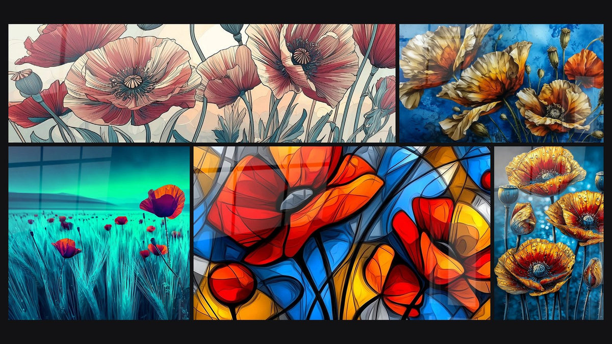 Mosaïque de cinq tableaux, dont Coquelicots Éclatants sur Fond Bleu Océan et Abstraite de Fleurs Stylisées Multicolores