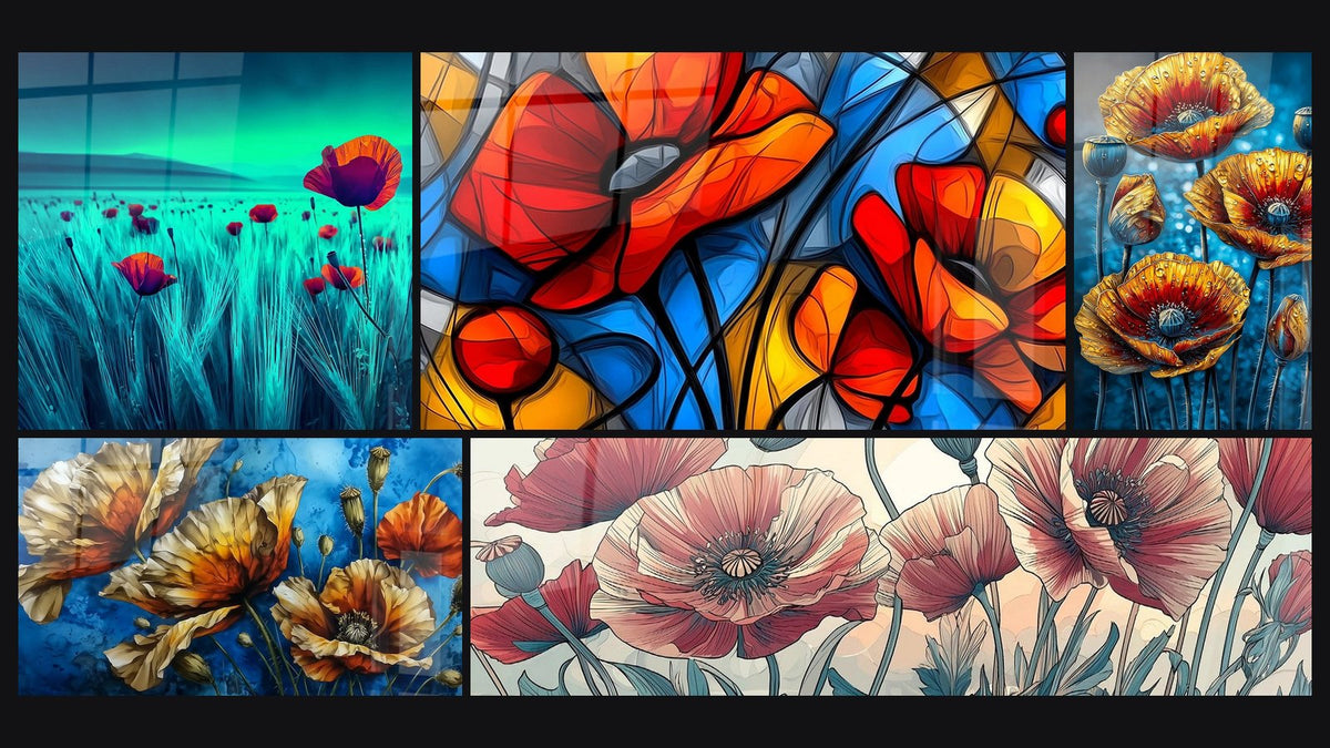 Mosaic of five paintings, including Poppy Field Red-Orange on Turquoise Meadow and Abstract Stylized Multicolored Flowers