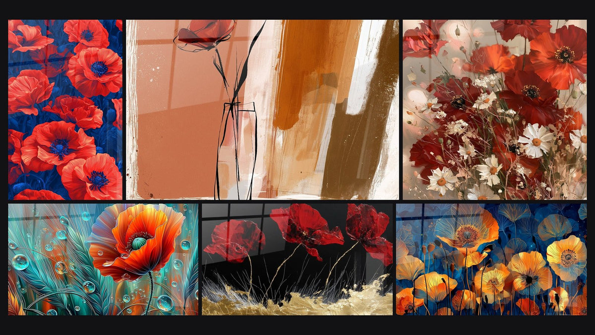 Mosaic of six paintings, including Poppy Sketch in a Wire Vase and Luminescent Orange and Blue Flowers