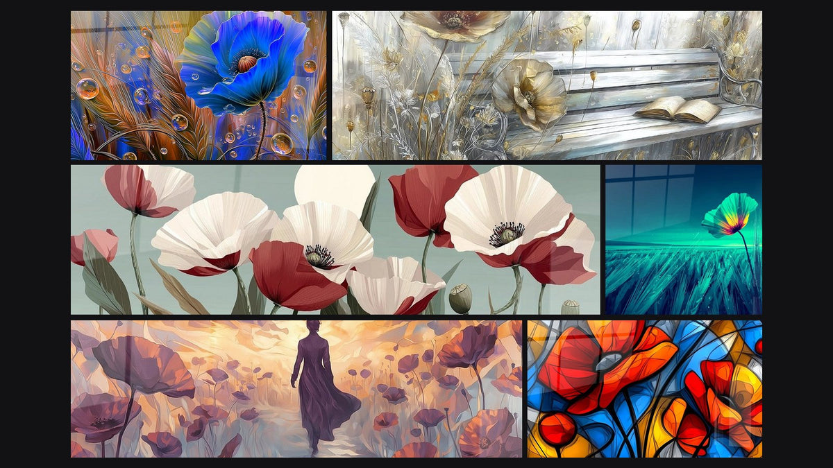 Mosaïque de six tableaux, dont Abstraite de Fleurs Stylisées Multicolores