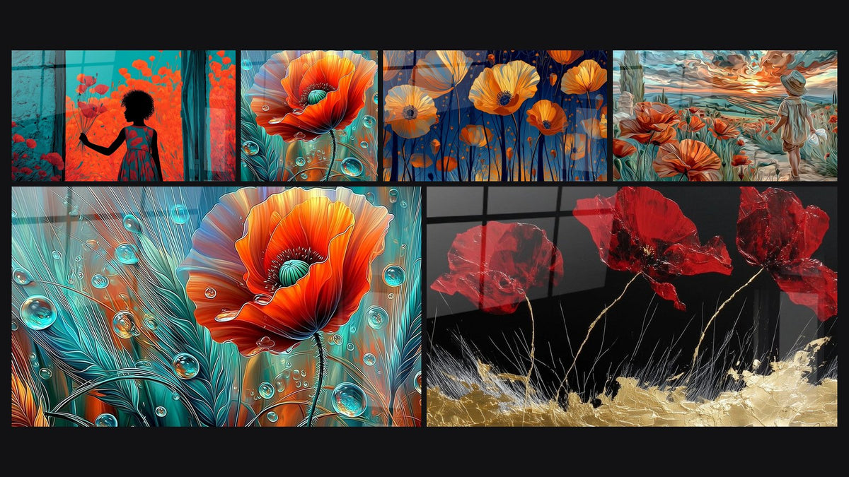 Mosaïque de six tableaux, dont Coquelicots Orange et Bleu Marine Stylisés
