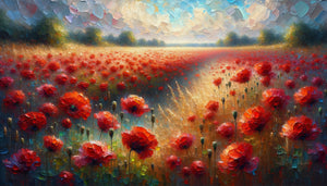 Peinture impressionniste de champ de coquelicots rouges vibrants, style Monet fin 19ème siècle, touches épaisses expressives